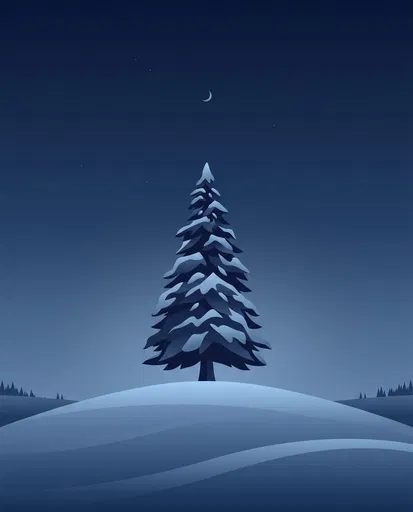 Lone Snowy Pine Tree at Twilight