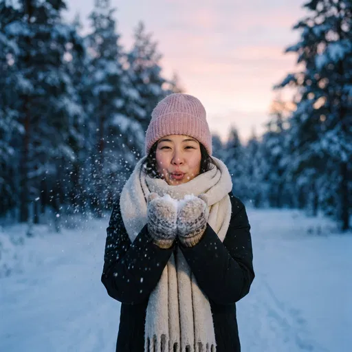 Woman Blowing Snow in Winter Forest