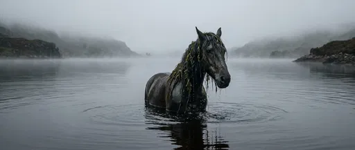 Dark Kelpie Water Horse in Foggy Loch