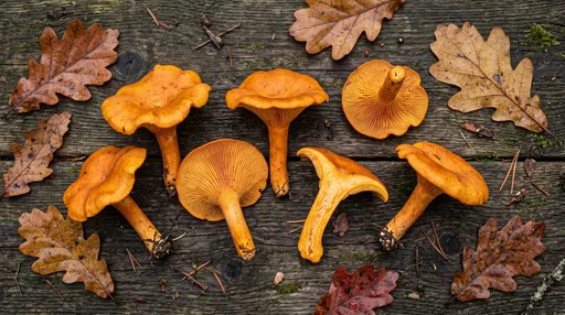 Orange Mushrooms and Oak Leaves on Wood