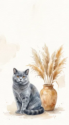 Watercolor British Shorthair Cat and Vase