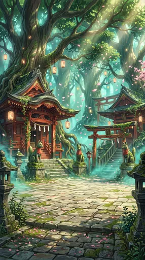 Mystical Anime Forest Shrine Background