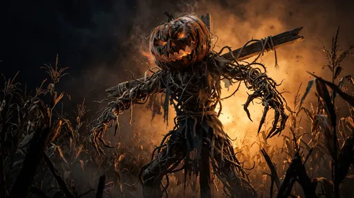 Menacing Jack-o'-Lantern Scarecrow in Cornfield