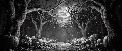 Spooky Monochrome Forest Path With Pumpkins