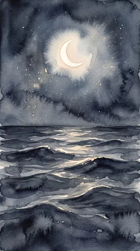 Watercolor Night Ocean and Crescent Moon