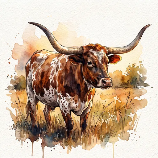 Watercolor Texas Longhorn Bull in Grass