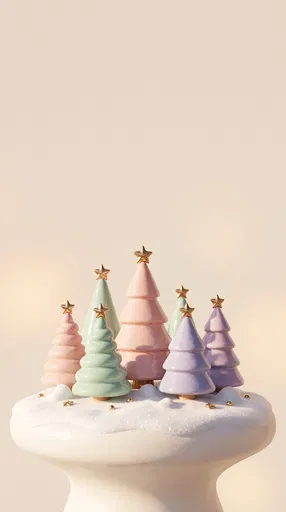Pastel Ceramic Christmas Trees on Snowy Pedestal