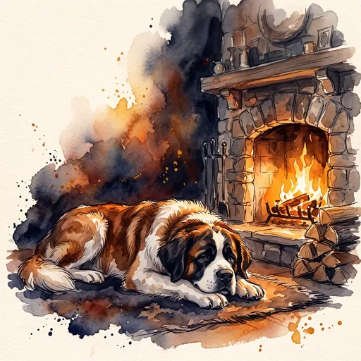Watercolor Saint Bernard Resting by Fireplace