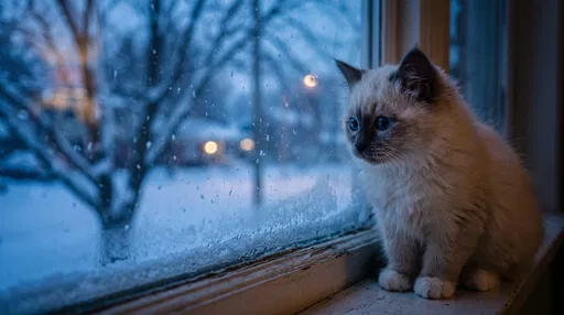 Fluffy Kitten Looking Out Snowy Window