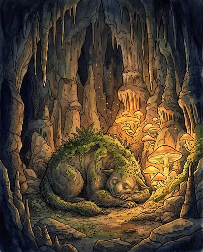 Sleeping Moss Monster in Glowing Cave