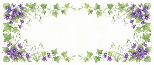 Watercolor Border of Violets and Snowdrops