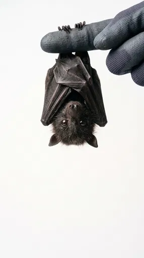 Baby Flying Fox Hanging From Gloved Finger
