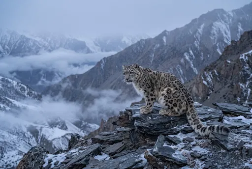 Snow Leopard on Himalayan Slate Ridge