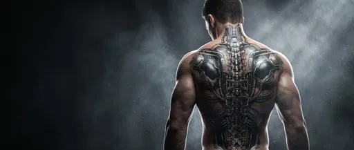 Muscular Man With Biomechanical Spine Tattoo