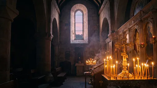 Brass Orthodox Cross and Candles in Chapel