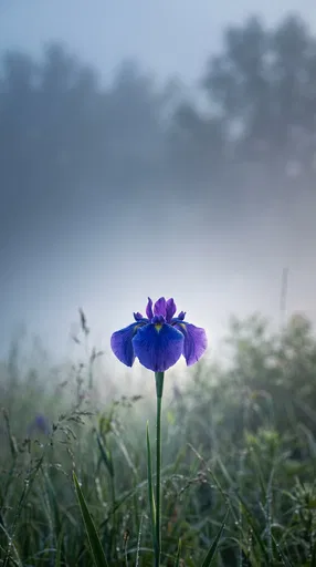 Solitary Blue Iris in Misty Meadow