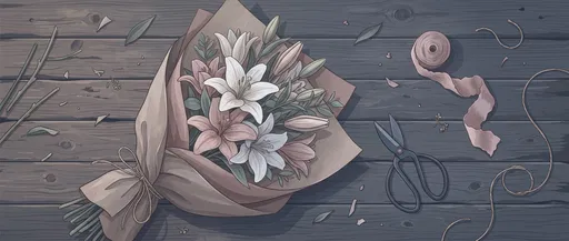 Illustrated Lily Bouquet Flat Lay on Wood