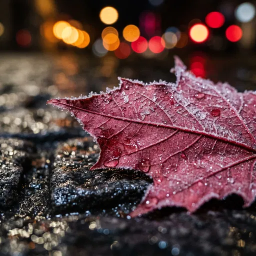 Frosted Red Maple Leaf on Wet Cobblestones