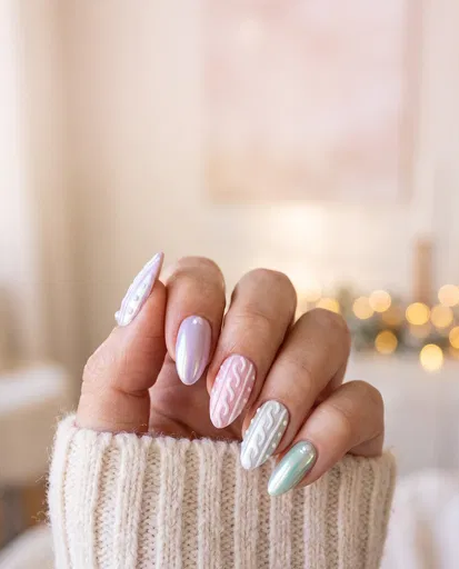Pastel Chrome and Cable-Knit Festive Nails