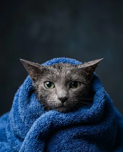 Wet Grey Cat Wrapped in Blue Towel