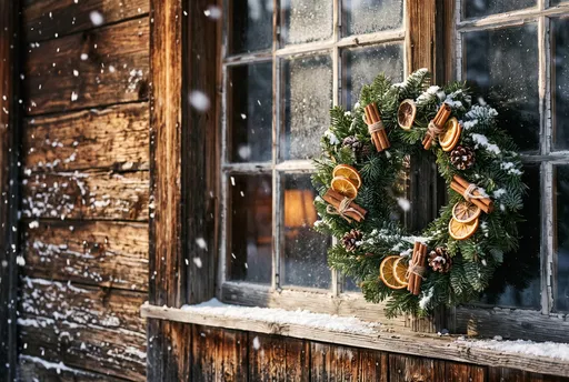 Rustic Christmas Wreath on Cabin Window
