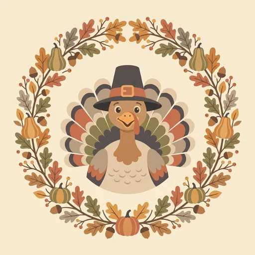 Cute Thanksgiving Turkey in Autumn Wreath