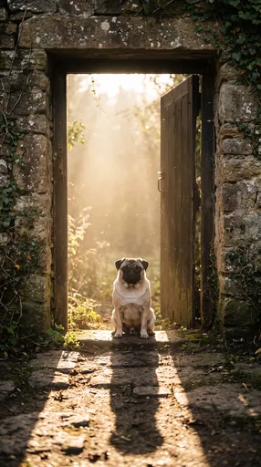 Fawn Pug in Sunlit Stone Doorway