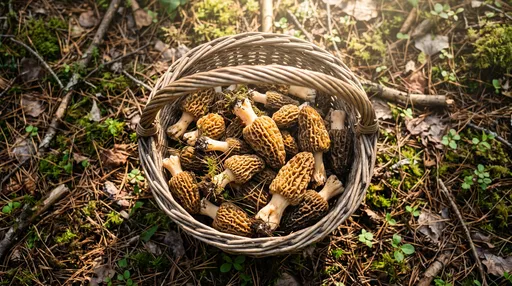 Wicker Basket of Fresh Morel Mushrooms