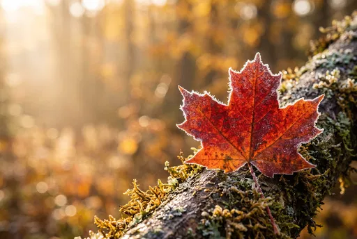 Frosted Red Maple Leaf on Mossy Branch