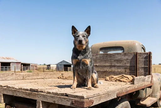 Blue Heeler Dog on Vintage Farm Truck