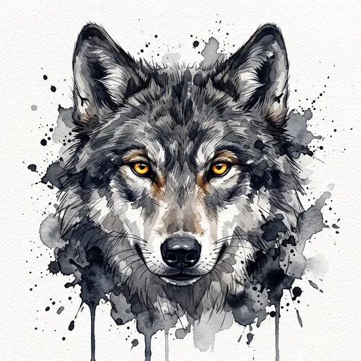 Watercolor Timber Wolf Portrait with Ink Splatters