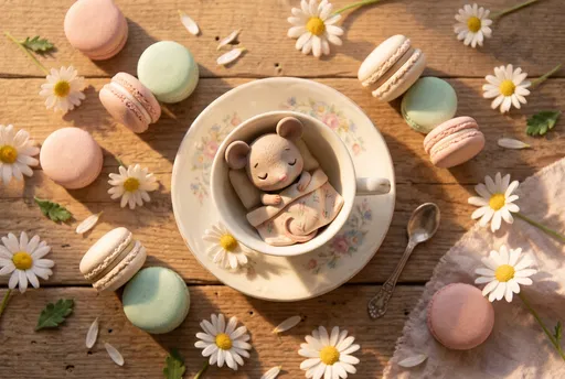 Claymation Mouse Sleeping in Porcelain Teacup