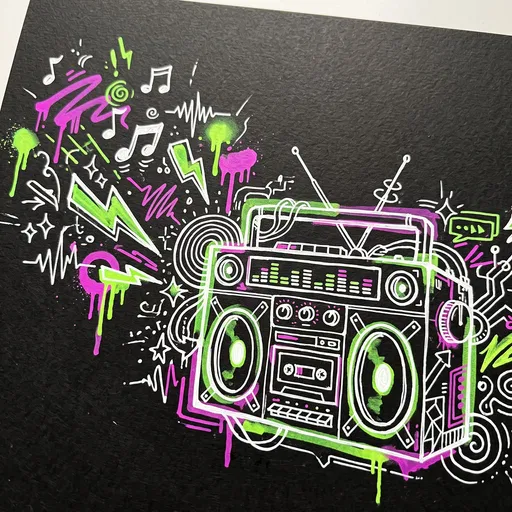 Neon Boombox Doodle on Black Paper