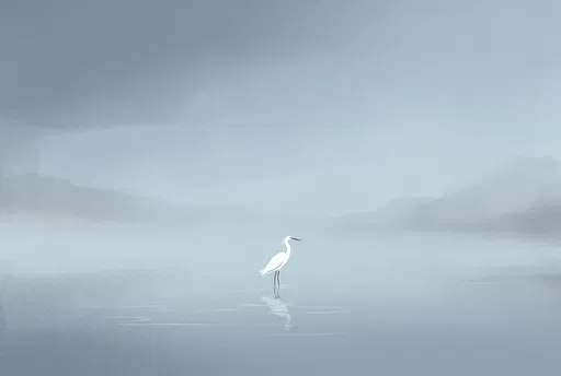 Minimalist White Egret in Misty Water