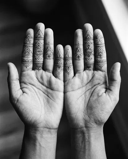 Monochrome Palms With Mandala Finger Tattoos