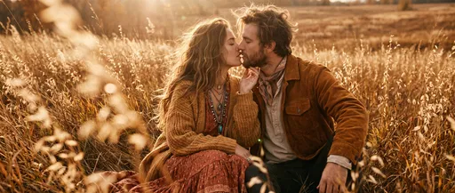 Bohemian Couple Kissing in Autumn Meadow