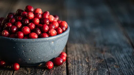 Fresh Red Cranberries in Blue Ceramic Bowl