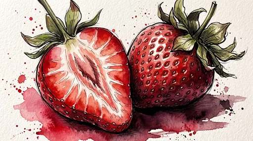 Watercolor and Ink Strawberries Illustration