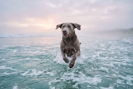 Silver Labrador Bounding Through Ocean Waves