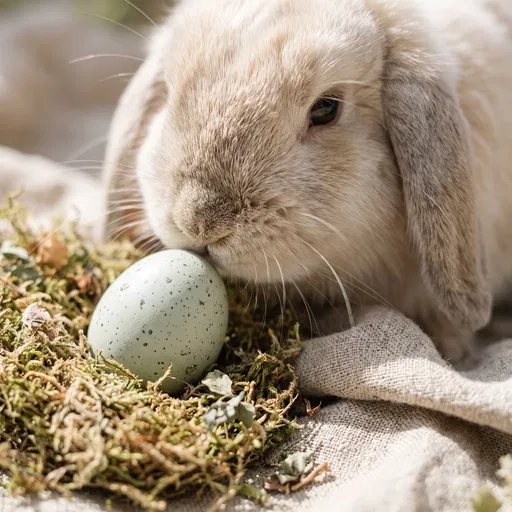 Cream Lop Rabbit Sniffing Speckled Egg