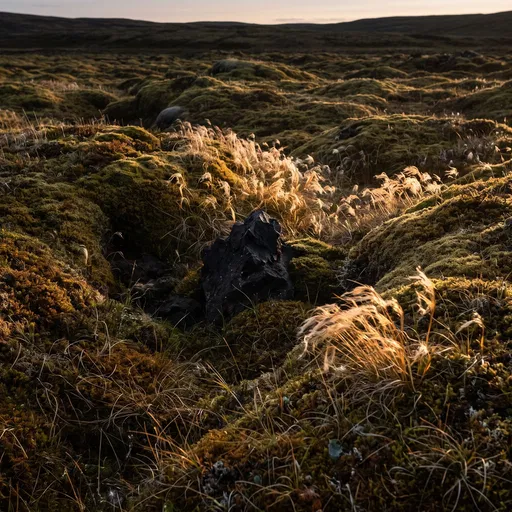 Sunlit Tundra Moss and Basalt Rock