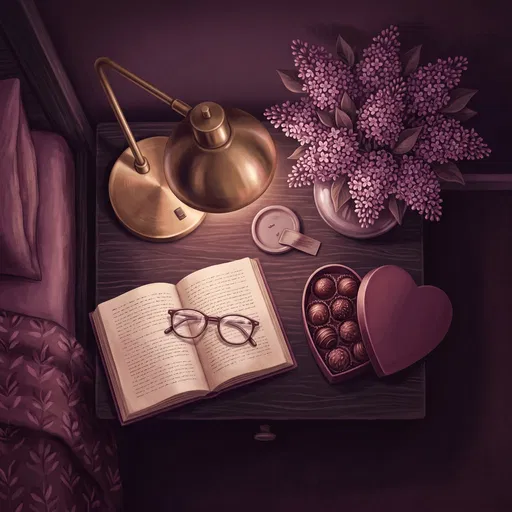 Cozy Bedside Table With Lilacs and Chocolates