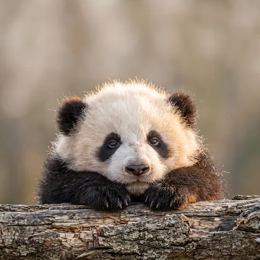 Baby Panda Resting on Wooden Log
