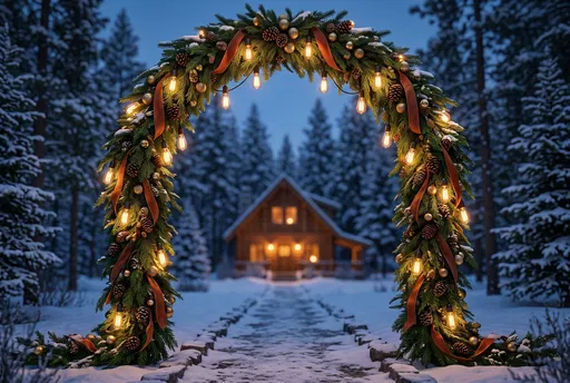 Festive Garland Archway Framing Winter Cabin