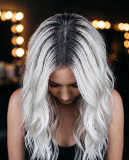 Woman With Platinum Blonde Hair And Dark Roots