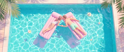 3D Couple Kissing on Pink Pool Loungers