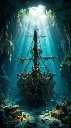 Sunken Pirate Galleon in Underwater Cavern