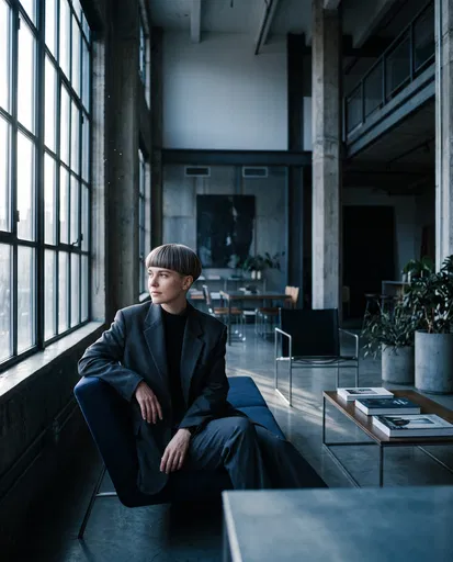 Woman With Bowl Cut in Modern Loft
