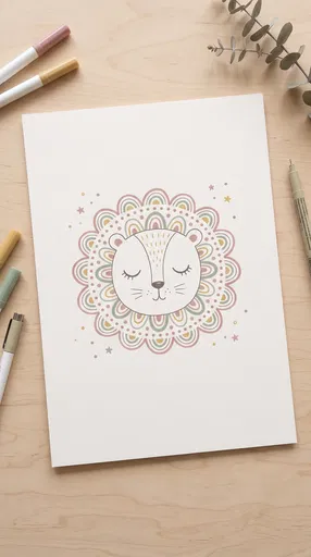 Pastel Sleepy Lion Drawing Flat Lay