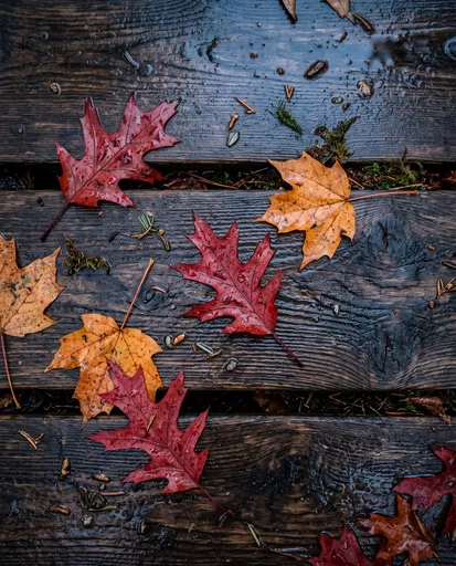 Wet Autumn Leaves on Dark Wooden Planks